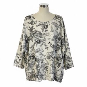 Cynthia Rowley Linen Toile Print Top Cream & Black Size 1X | Chore Shirt
